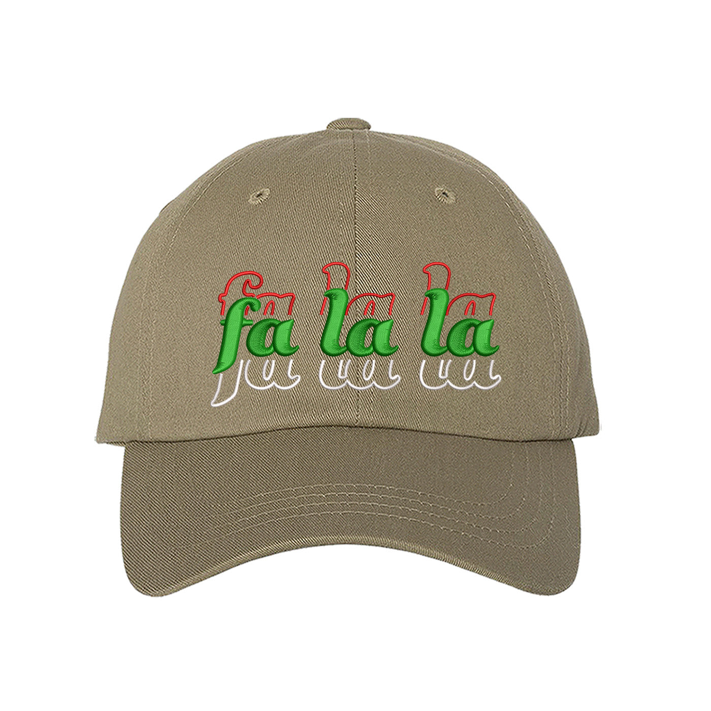 Khaki Fa La La Christmas Stacked Embroidered Baseball Hat with festive embroidery and adjustable fit, perfect for holiday style and Christmas cheer – DSY Lifestyle.