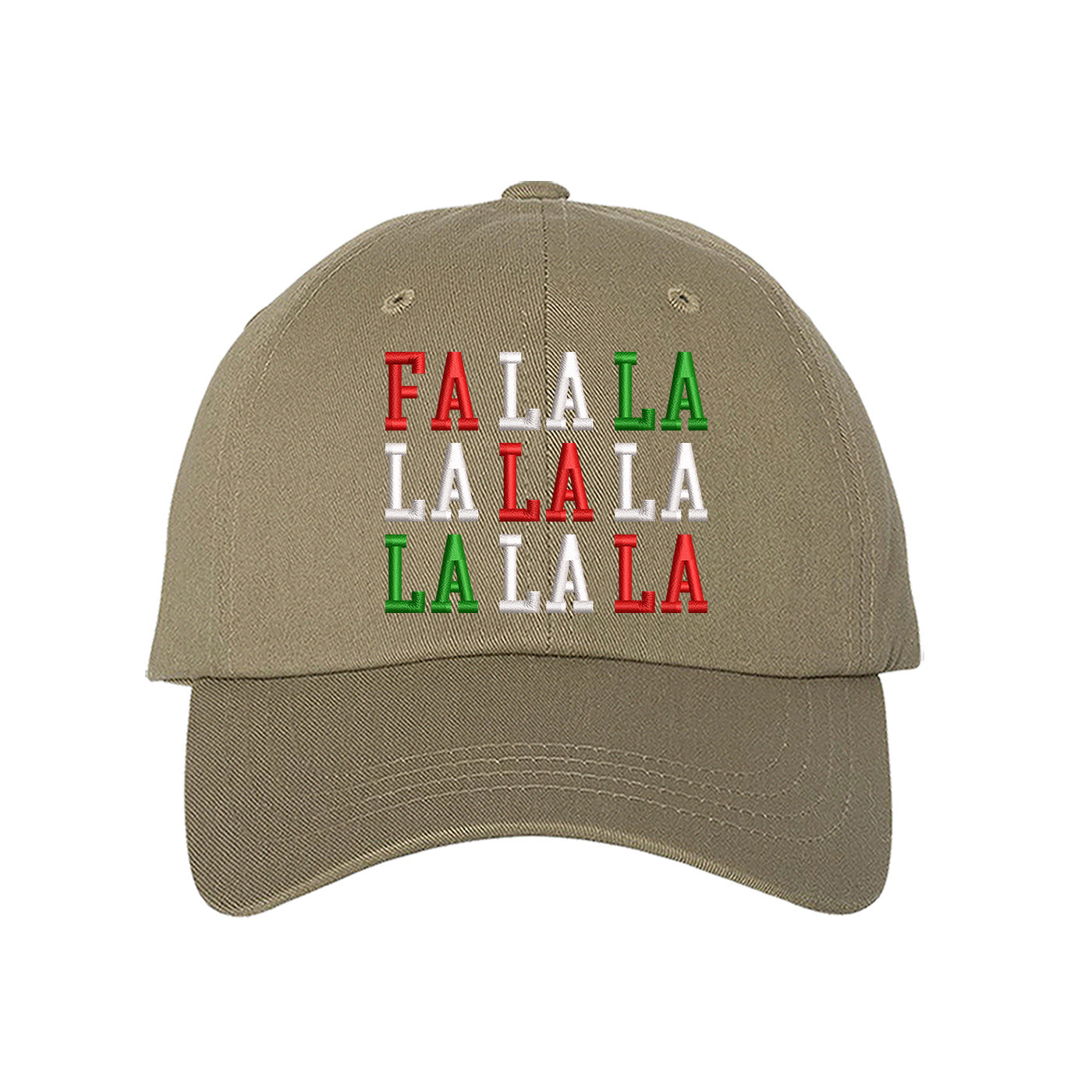 Khaki Fa La La Christmas Block Embroidered Baseball Hat featuring festive block embroidery, breathable cotton, and adjustable fit for a merry holiday look. – DSY Lifestyle