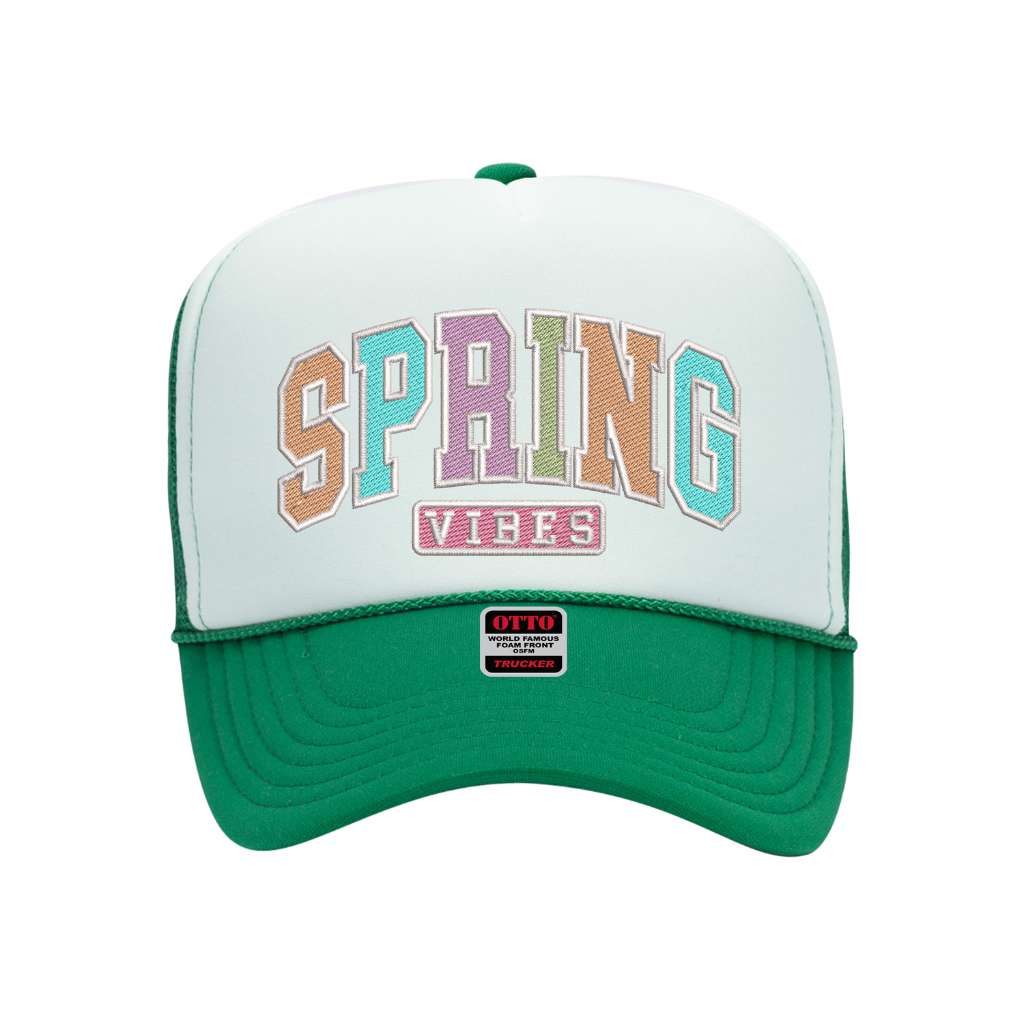 Kelly green with white front tab foam trucker hat embroidered with the phrase spring vibes on it-DSY Lifestyle