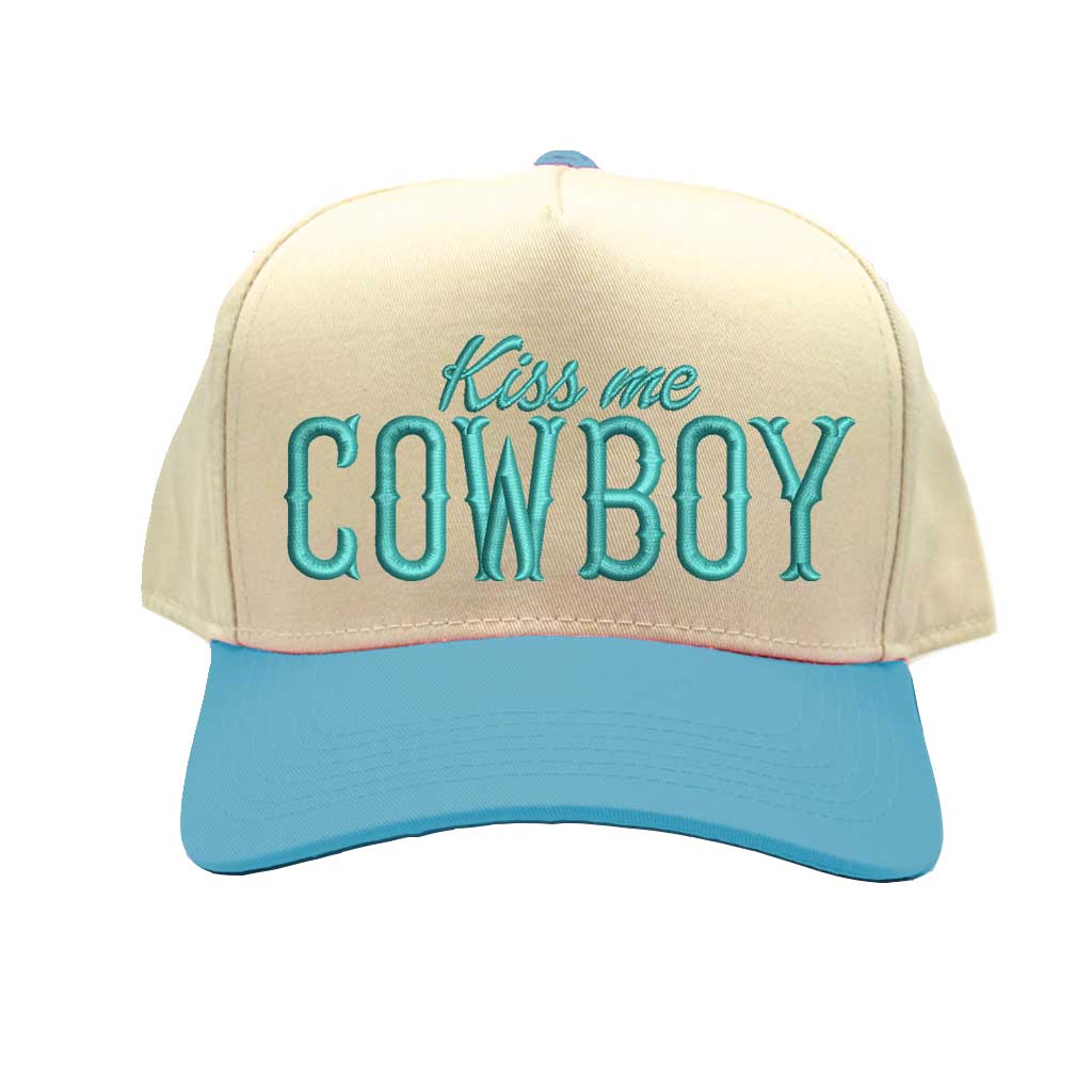 Natural Aqua Kiss Me Cowboy embroidered baseball hat. Featuring premium cotton material, high-quality embroidery, and a comfortable hook-and-loop adjustable fit - DSY Lifestyle