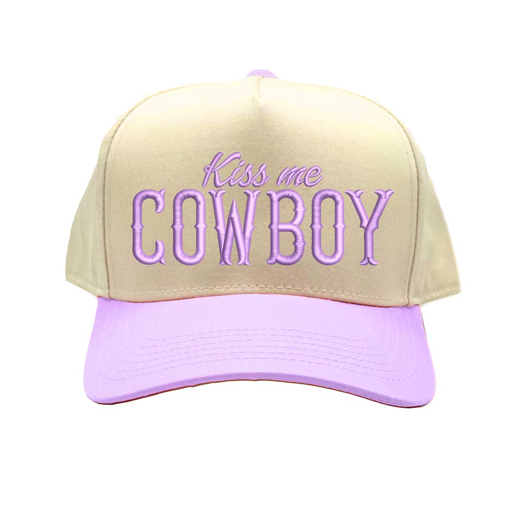 Natural Lavender Kiss Me Cowboy embroidered baseball hat. Featuring premium cotton material, high-quality embroidery, and a comfortable hook-and-loop adjustable fit - DSY Lifestyle