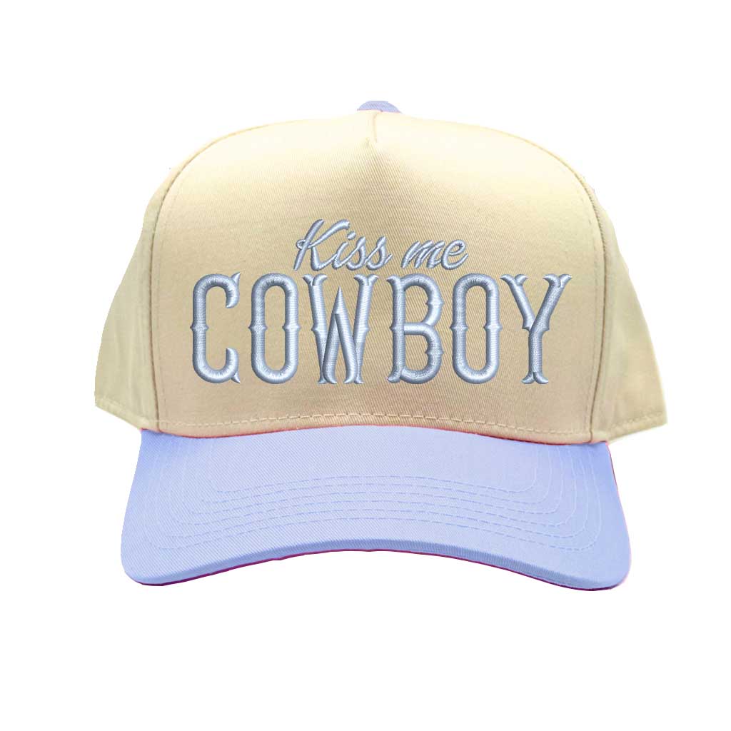 Natural Sky Blue Kiss Me Cowboy embroidered baseball hat. Featuring premium cotton material, high-quality embroidery, and a comfortable hook-and-loop adjustable fit - DSY Lifestyle