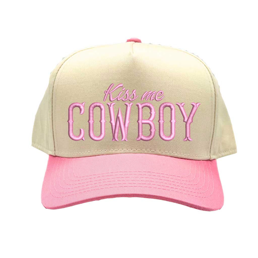 Natural Pink Kiss Me Cowboy embroidered baseball hat. Featuring premium cotton material, high-quality embroidery, and a comfortable hook-and-loop adjustable fit - DSY Lifestyle
