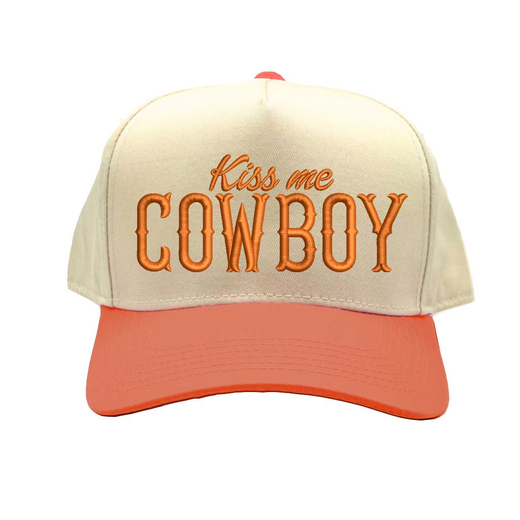 Natural Orange Kiss Me Cowboy embroidered baseball hat. Featuring premium cotton material, high-quality embroidery, and a comfortable hook-and-loop adjustable fit - DSY Lifestyle