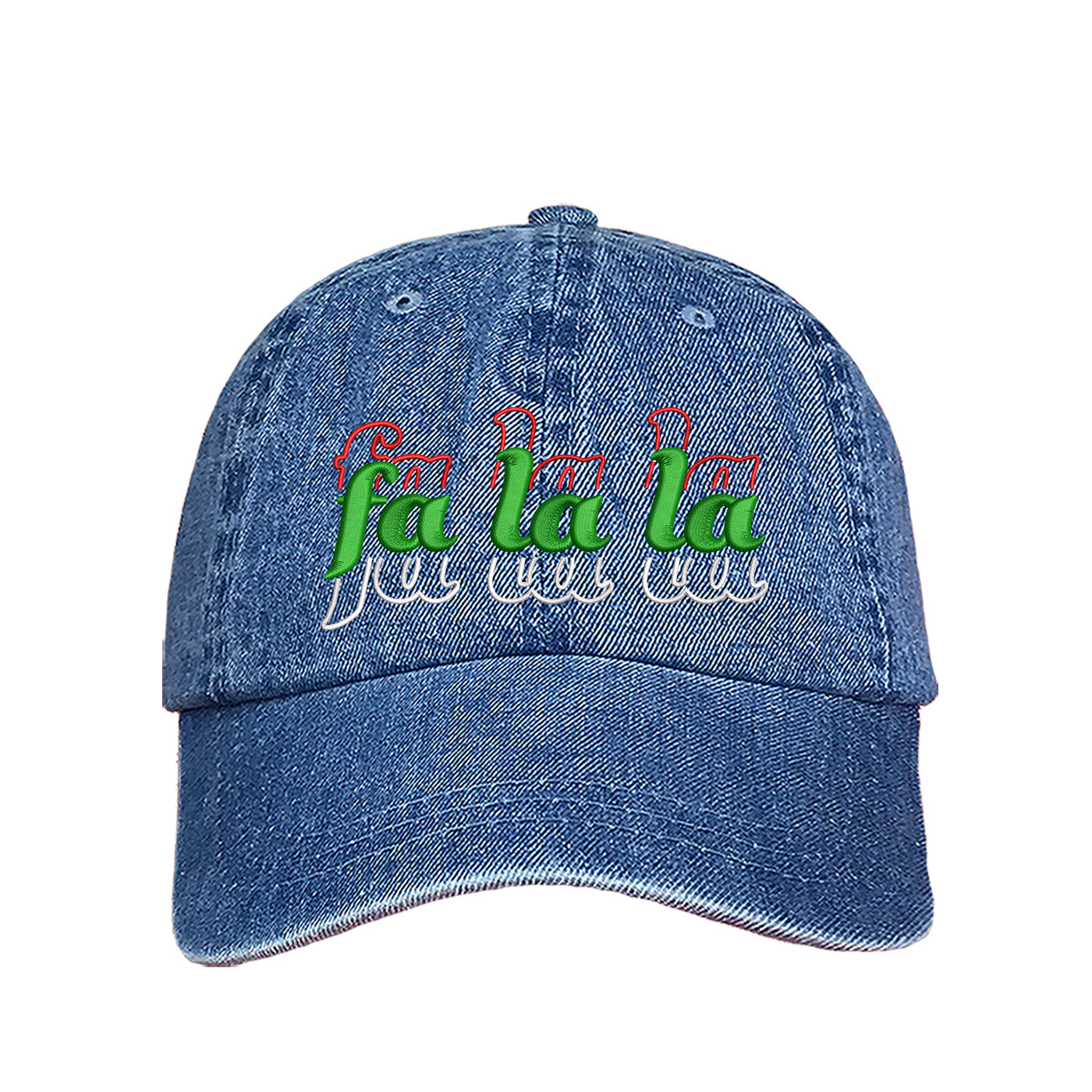 Light Denim Fa La La Christmas Stacked Embroidered Baseball Hat with festive embroidery and adjustable fit, perfect for holiday style and Christmas cheer – DSY Lifestyle.