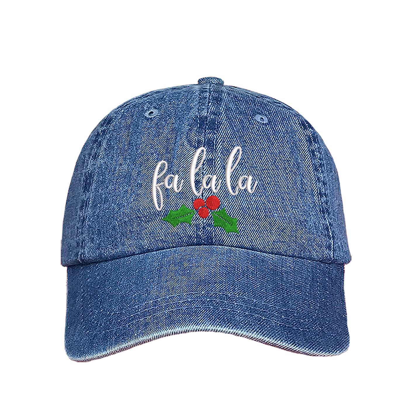 Light Denim Fa La La Christmas Mistletoe Embroidered Baseball Hat featuring festive holiday embroidery with mistletoe design and adjustable hook and loop fit. – DSY Lifestyle