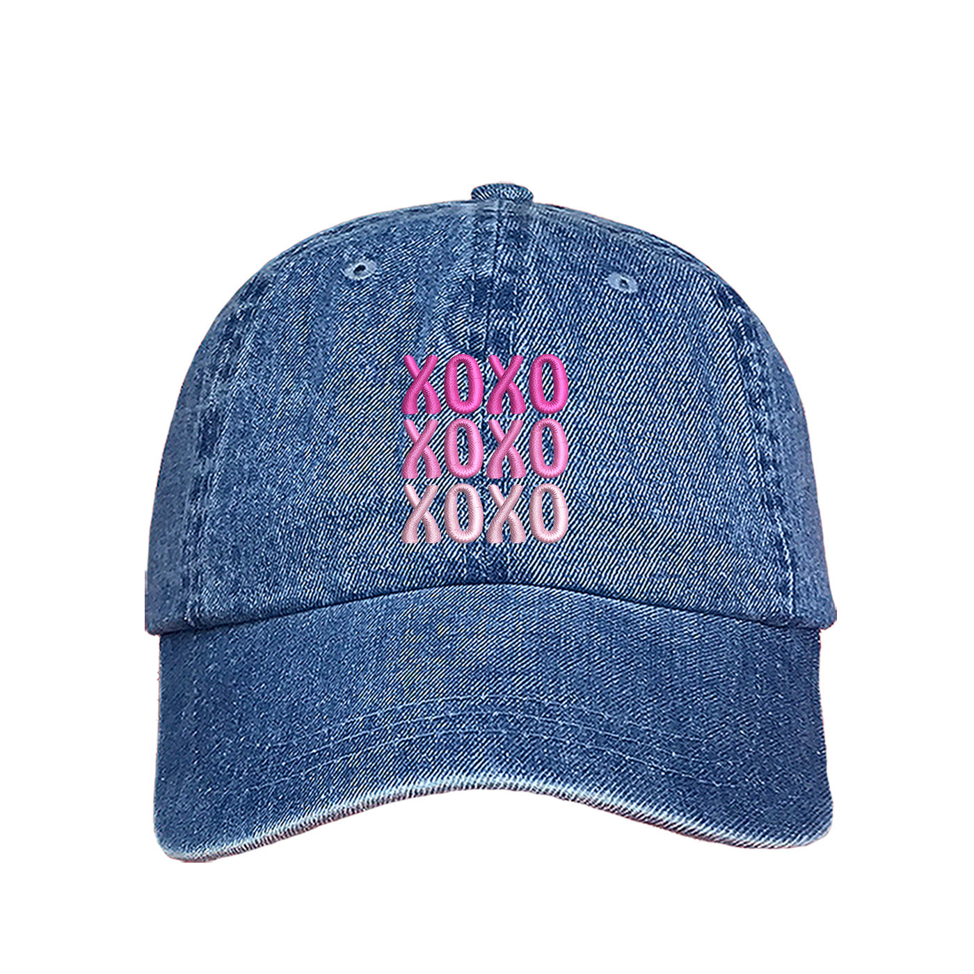 Light Denim XOXO Baseball Hat, a trendy and sweet embroidered accessory featuring a classic "XOXO" design for Valentine&