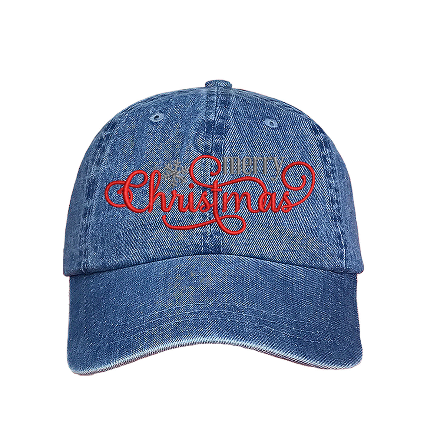 Light Denim Merry Christmas Snowflake Embroidered Baseball Hat featuring festive red and white embroidery, curved brim, and adjustable hook and loop closure for holiday style. - DSY Lifestyle