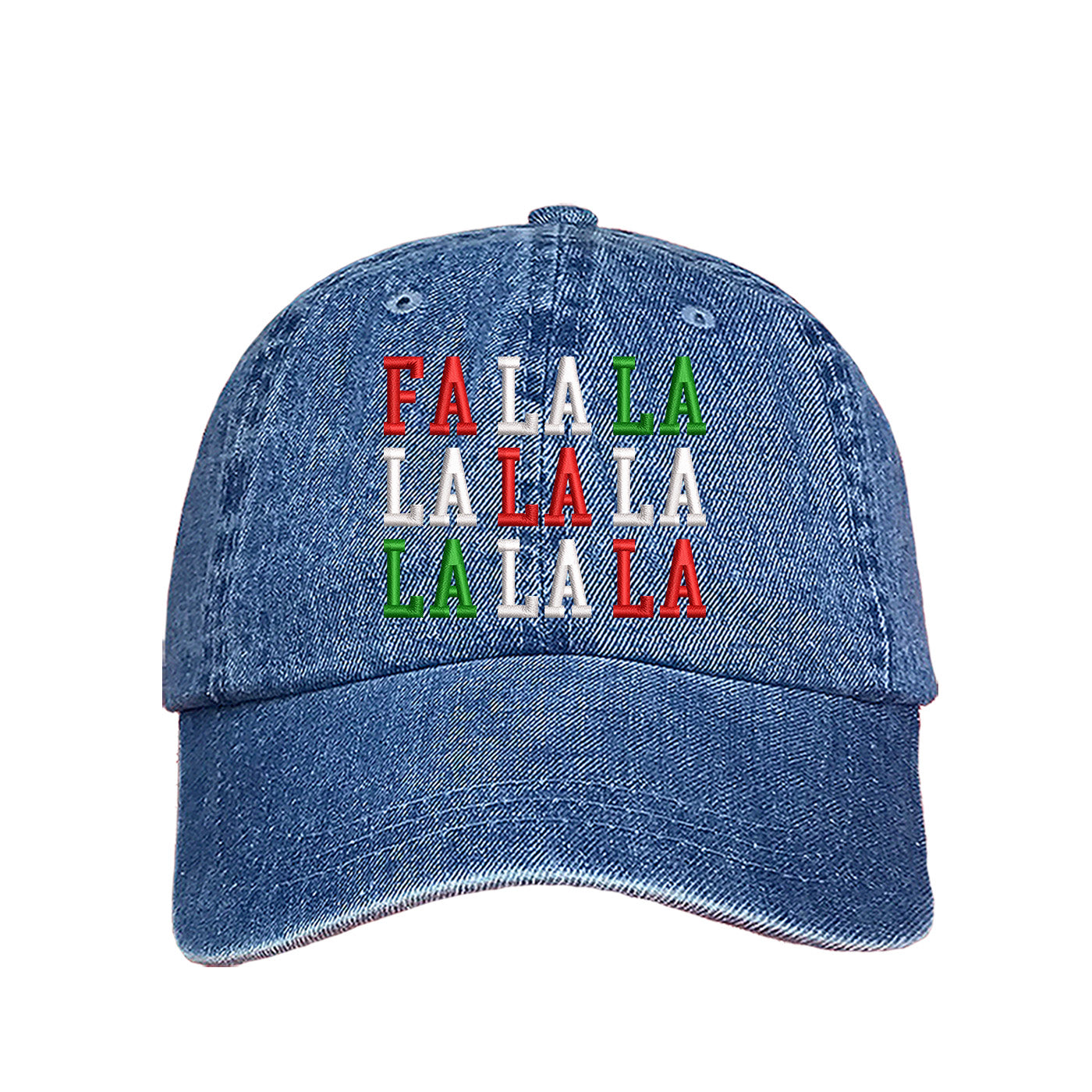Light Denim Fa La La Christmas Block Embroidered Baseball Hat featuring festive block embroidery, breathable cotton, and adjustable fit for a merry holiday look. – DSY Lifestyle