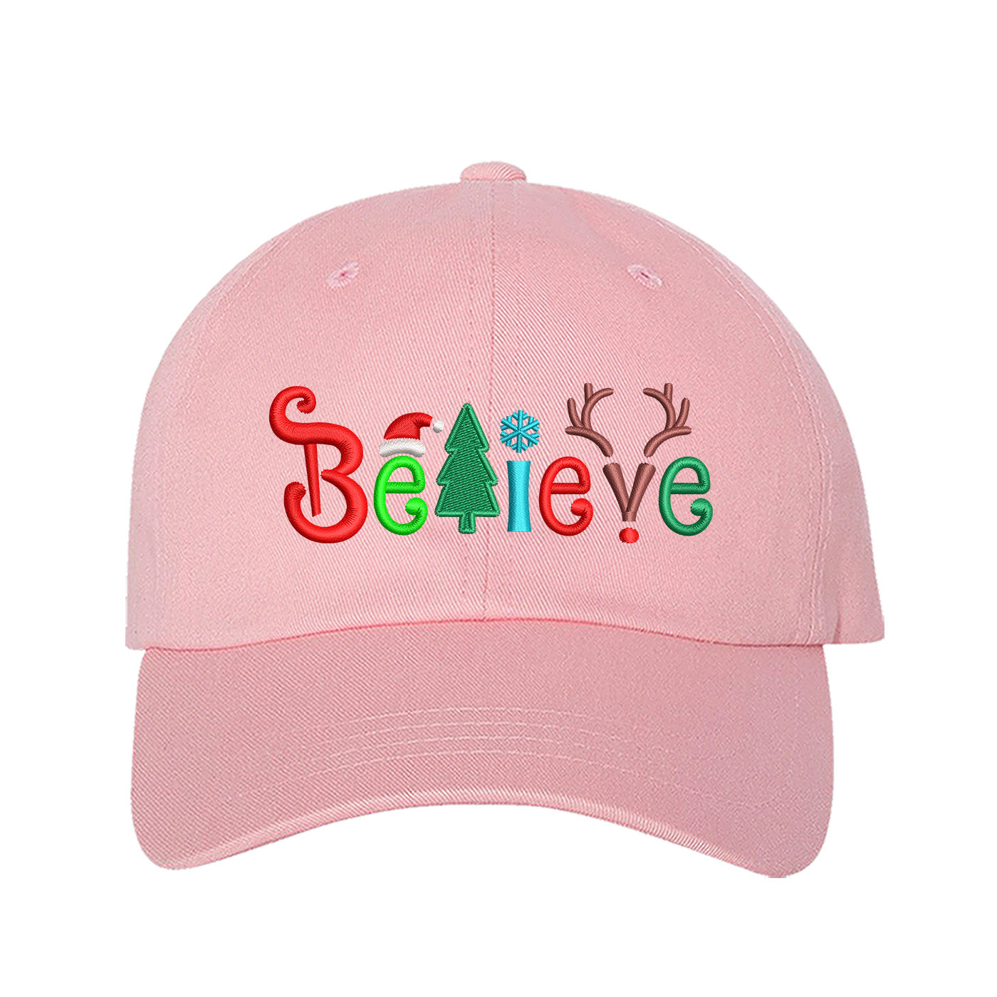 Light Pink Believe Christmas Embroidered Baseball Hat with festive holiday stitching, curved brim, and adjustable hook-and-loop closure – DSY Lifestyle