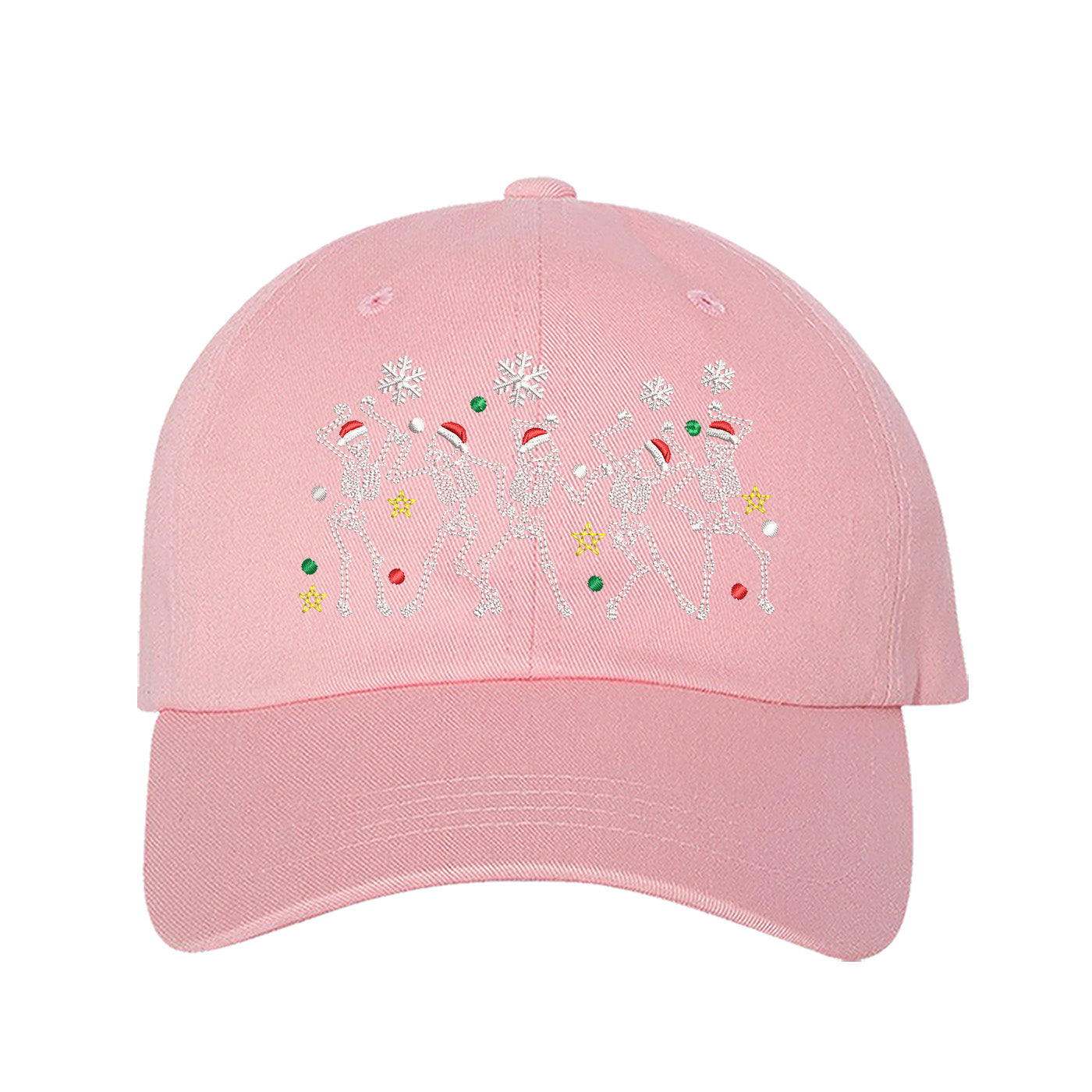 Light Pink Dancing Skeletons Christmas Embroidered Baseball Hat featuring festive dancing skeleton embroidery and adjustable hook and loop closure – DSY Lifestyle.