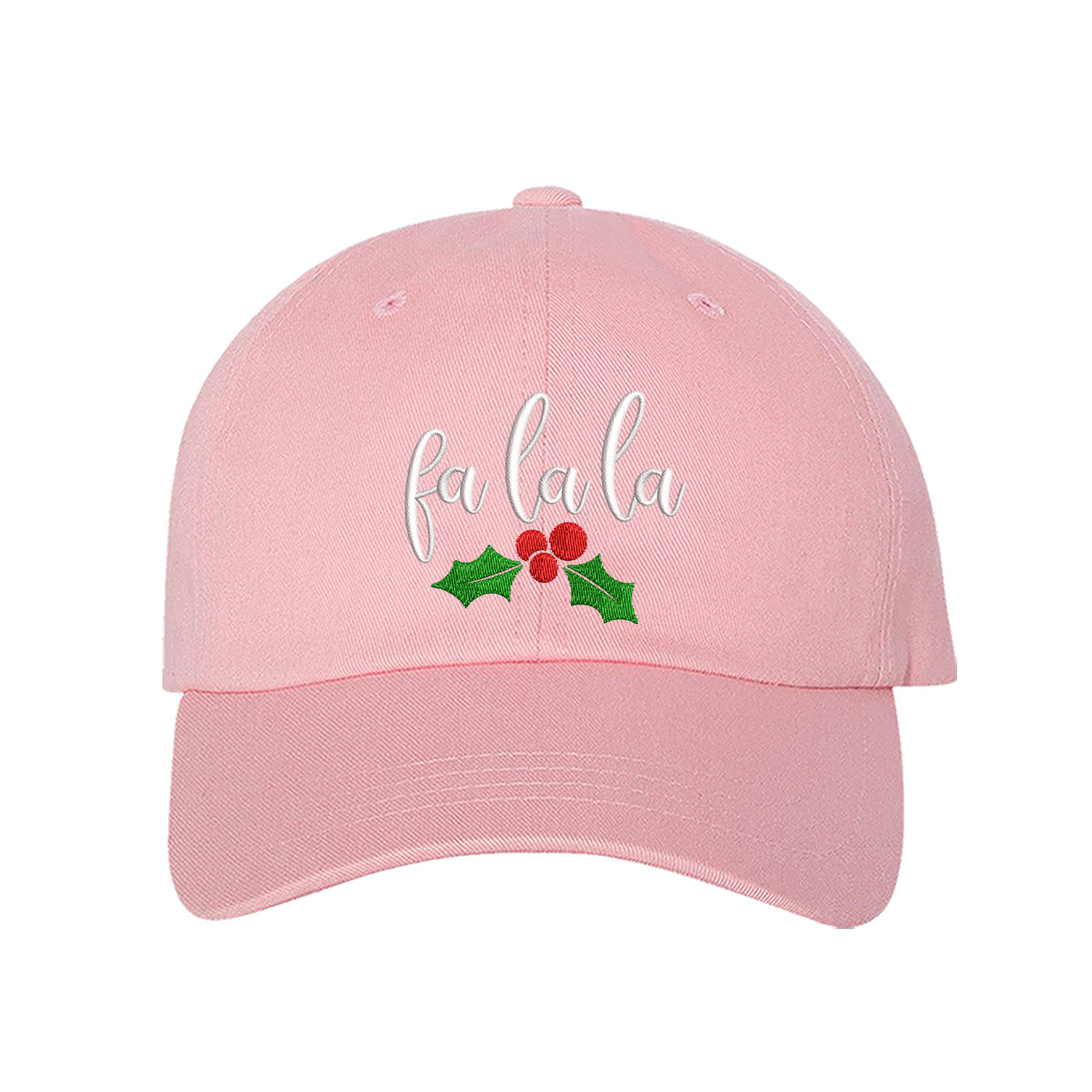 Light Pink Fa La La Christmas Mistletoe Embroidered Baseball Hat featuring festive holiday embroidery with mistletoe design and adjustable hook and loop fit. – DSY Lifestyle