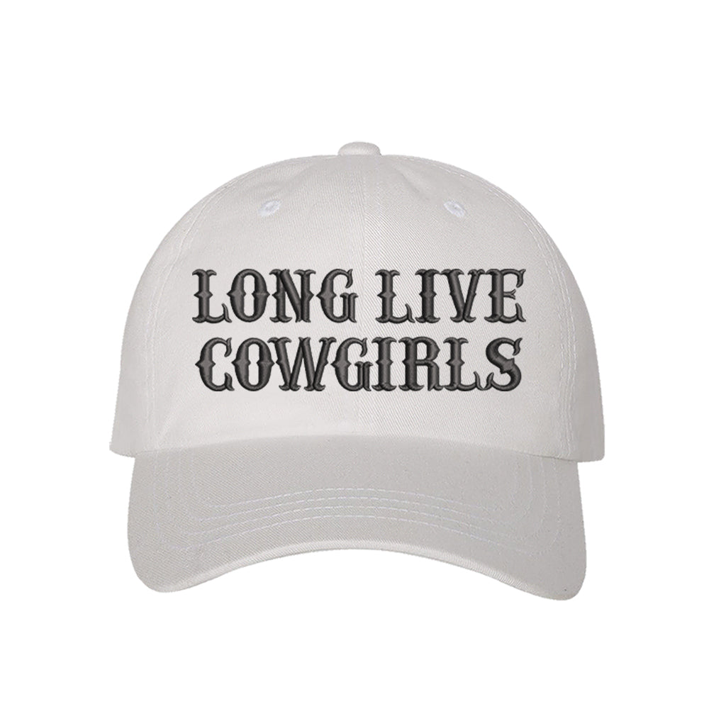 White baseball hat embroidered with the phrase long live cowgirls in a old english font-DSY Lifestyle