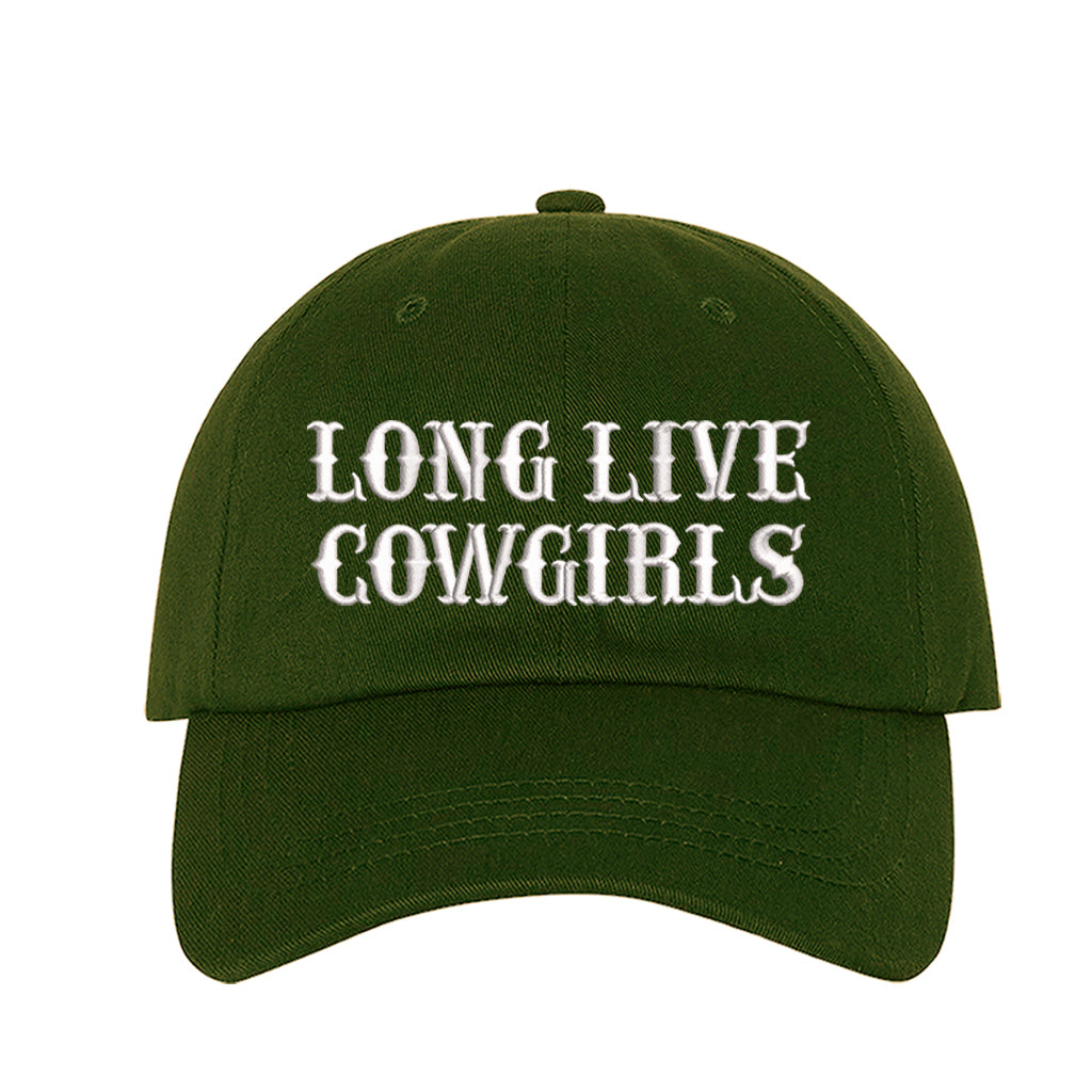 Olive baseball hat embroidered with the phrase long live cowgirls in a old english font-DSY Lifestyle