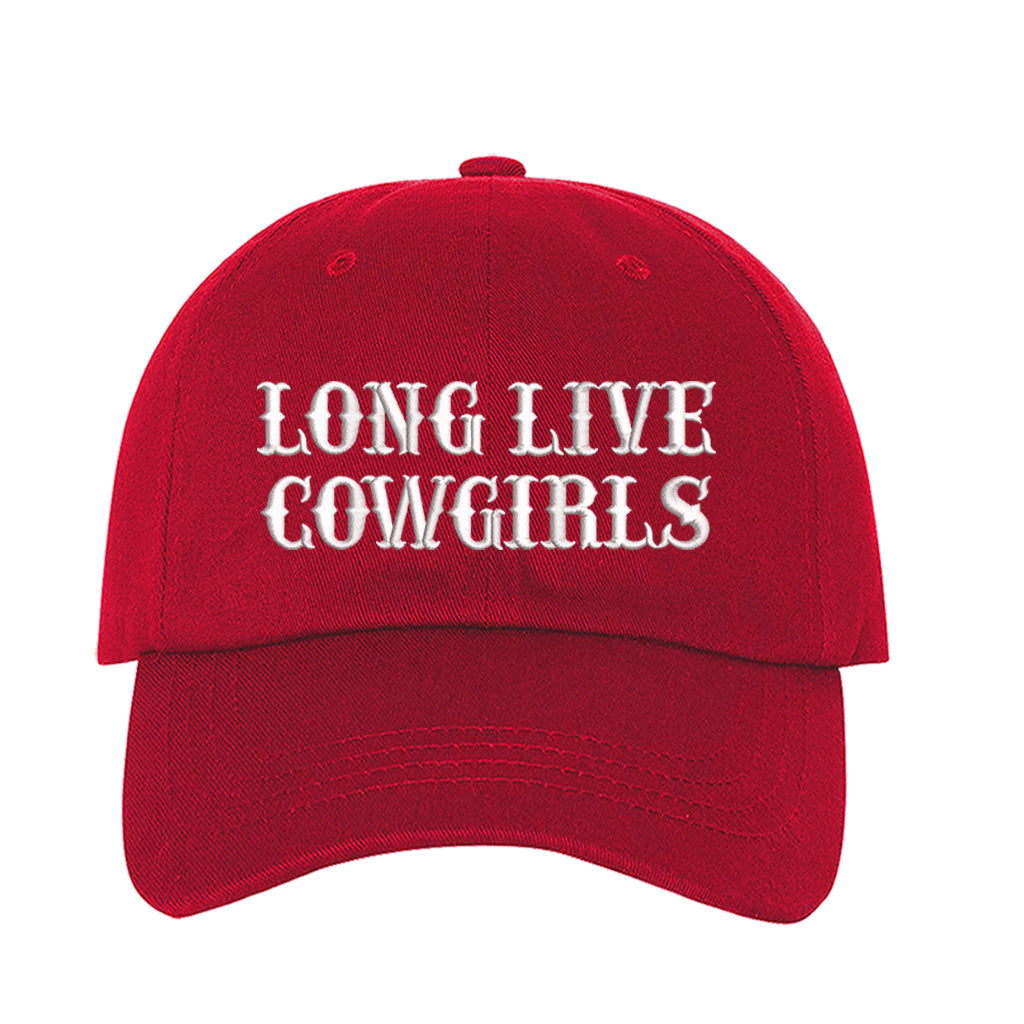 Red baseball hat embroidered with the phrase long live cowgirls in a old english font-DSY Lifestyle