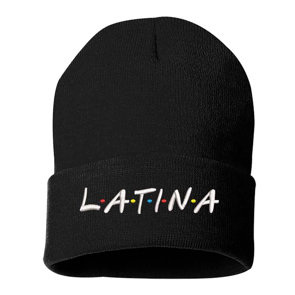 Cozy knit black beanie with Latina embroidery, a warm winter accessory celebrating cultural pride and stylish Latina fashion
