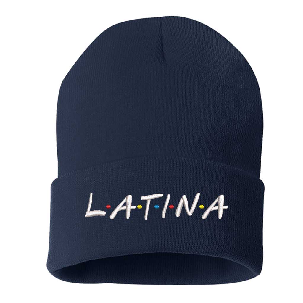 Navy Cozy knit beanie with Latina embroidery, a warm winter accessory celebrating cultural pride and stylish Latina fashion