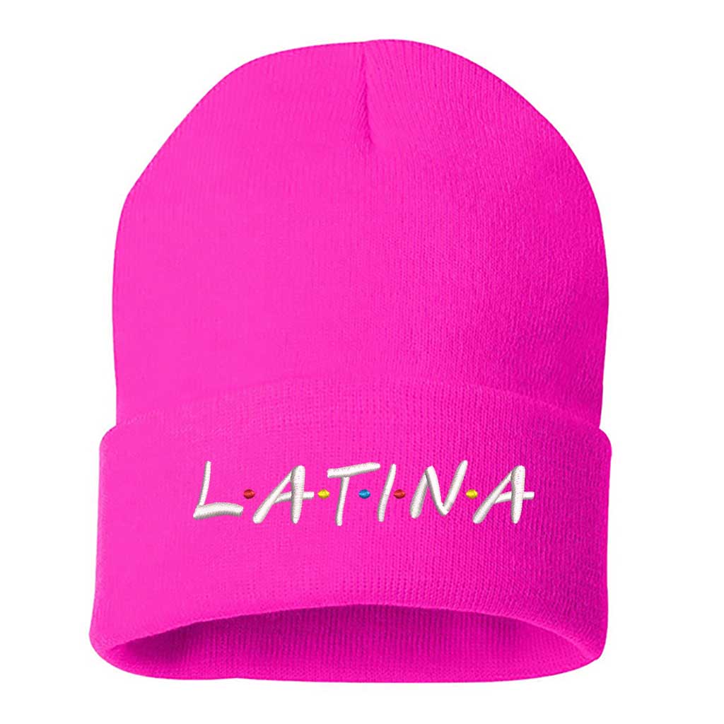 Pink Cozy knit beanie with Latina embroidery, a warm winter accessory celebrating cultural pride and stylish Latina fashion