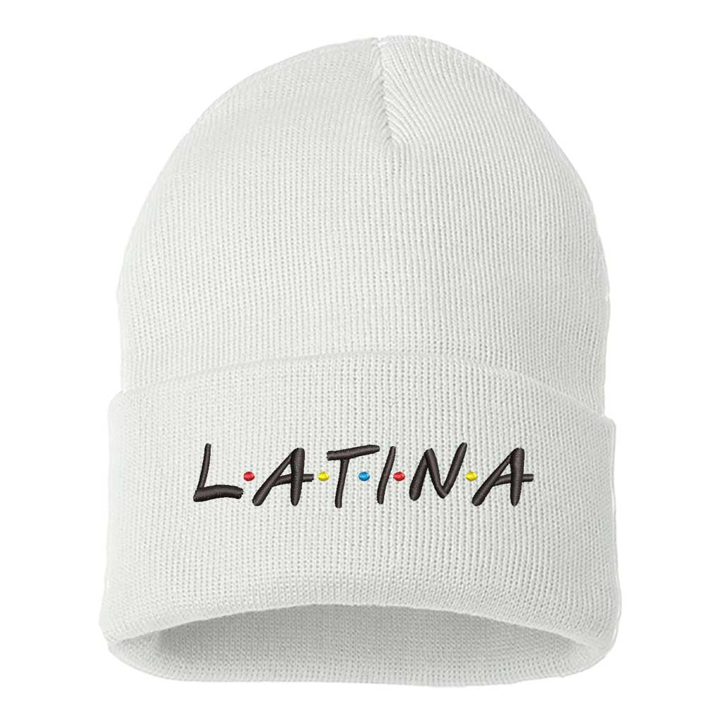 White Cozy knit beanie with Latina embroidery, a warm winter accessory celebrating cultural pride and stylish Latina fashion