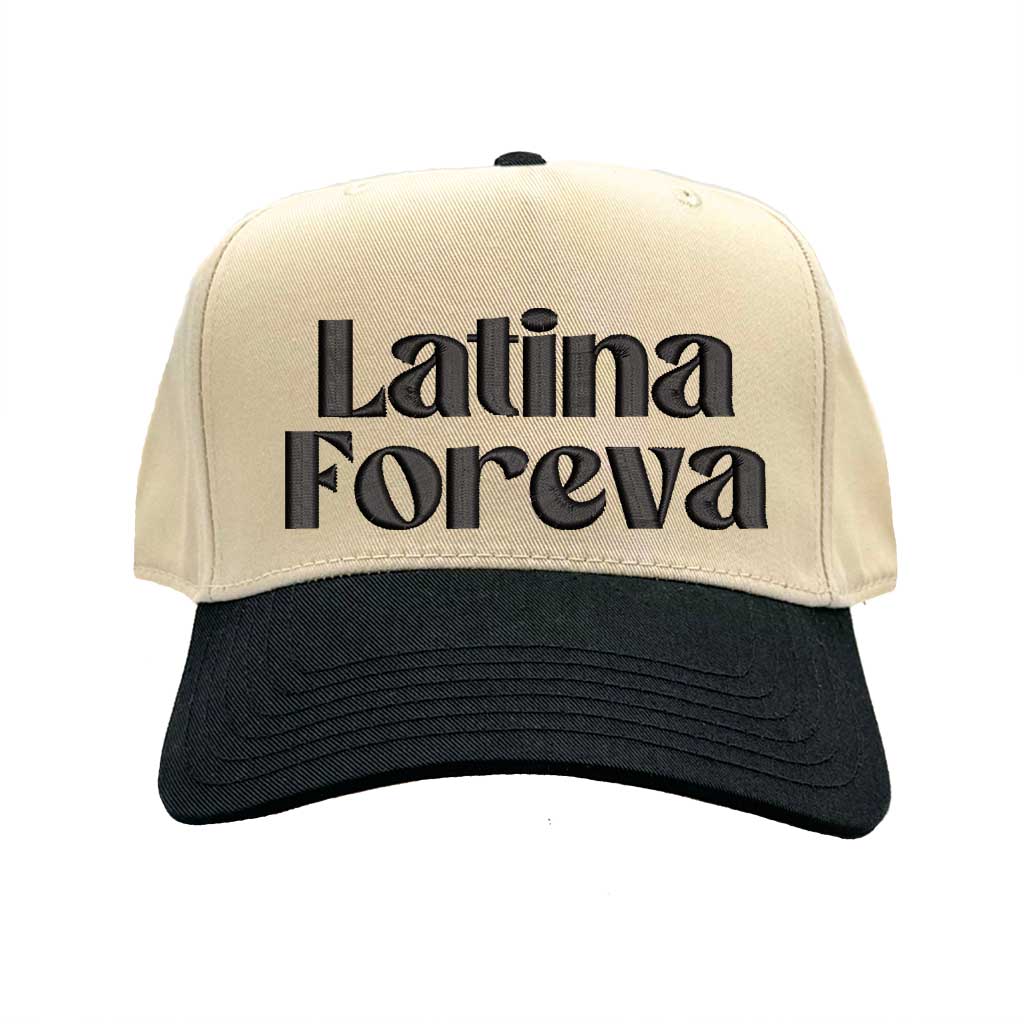 Natural Black Latina Foreva Two Tone 5 Panel Embroidered Baseball Hat featuring bold embroidery and snapback closure celebrating Latina pride and empowerment – DSY Lifestyle