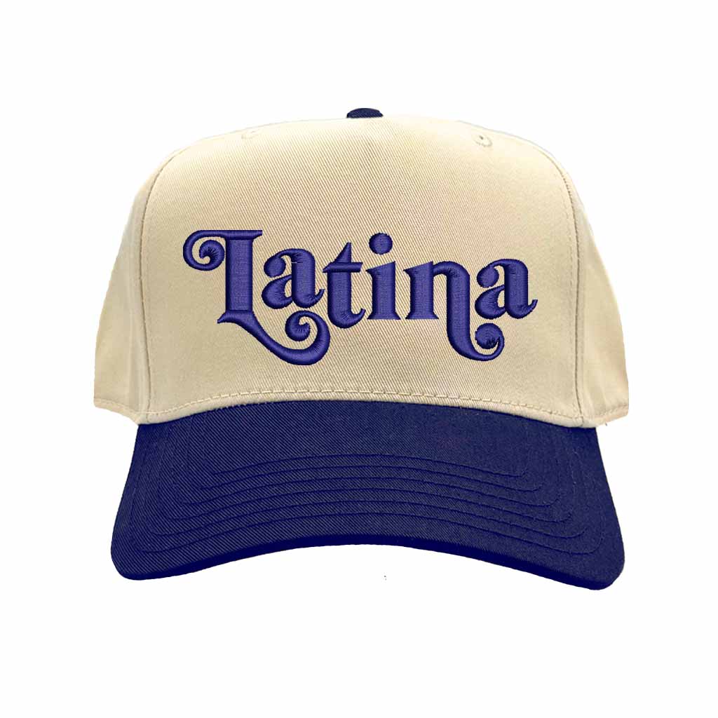 Natural Navy Blue Latina Embroidered Baseball Hat with retro two-tone 5-panel design, bold Latina text embroidery, and adjustable snapback closure – DSY Lifestyle
