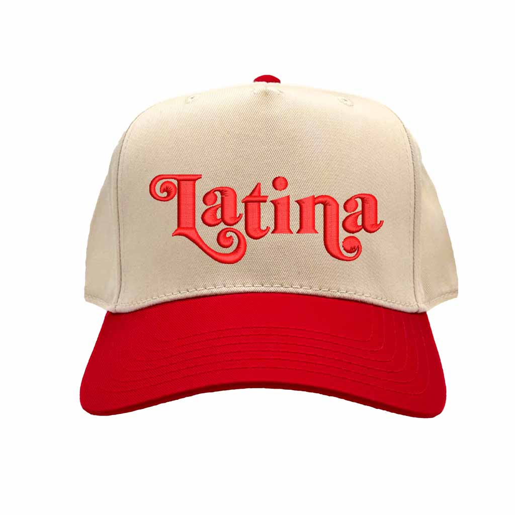 Natural Red Latina Embroidered Baseball Hat with retro two-tone 5-panel design, bold Latina text embroidery, and adjustable snapback closure – DSY Lifestyle
