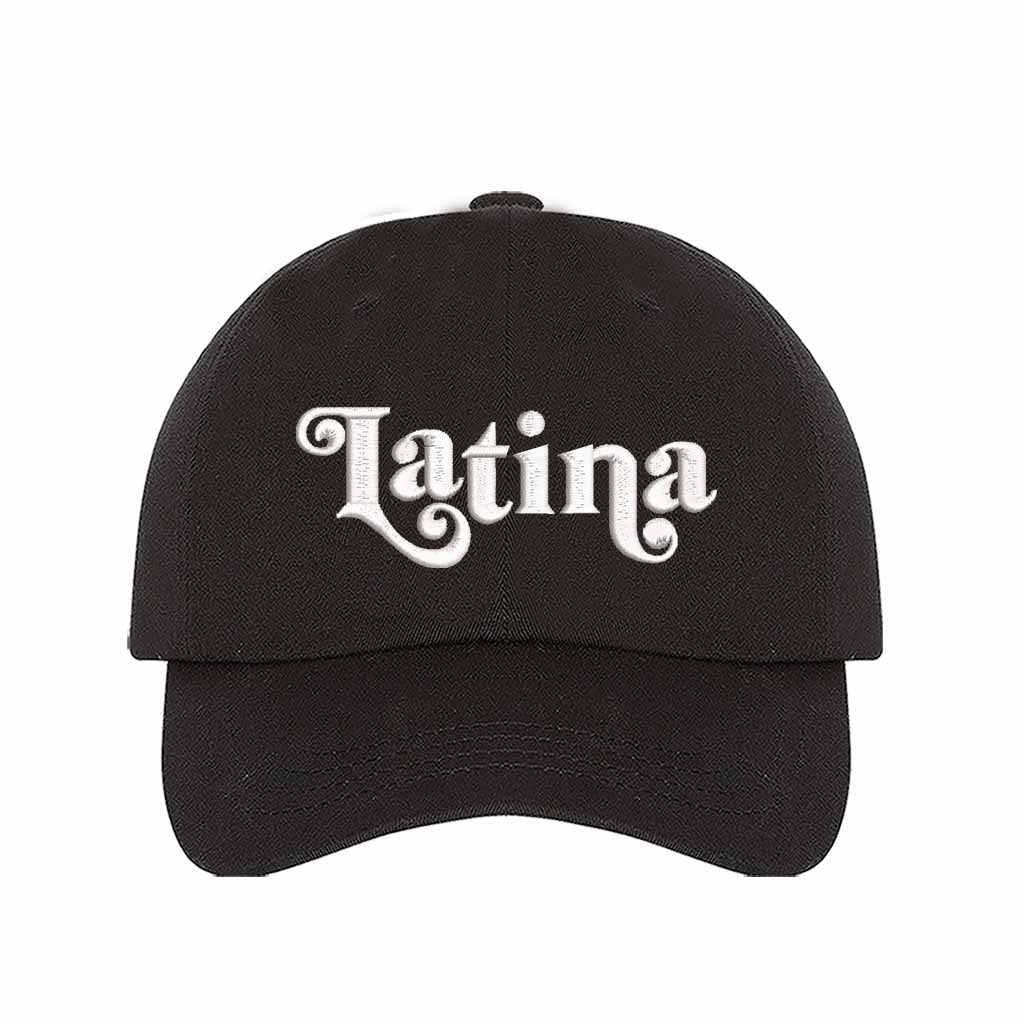 Black Latina Retro Embroidered Baseball Hat featuring classic “LATINA” embroidery with adjustable hook and loop closure and breathable cotton fabric – DSY Lifestyle