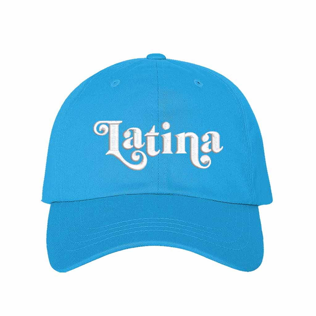 Aqua Latina Retro Embroidered Baseball Hat featuring classic “LATINA” embroidery with adjustable hook and loop closure and breathable cotton fabric – DSY Lifestyle