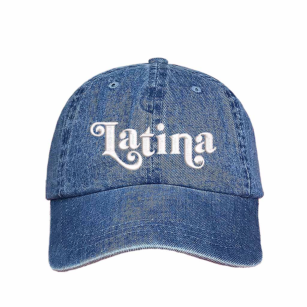 Light Denim Latina Retro Embroidered Baseball Hat featuring classic “LATINA” embroidery with adjustable hook and loop closure and breathable cotton fabric – DSY Lifestyle