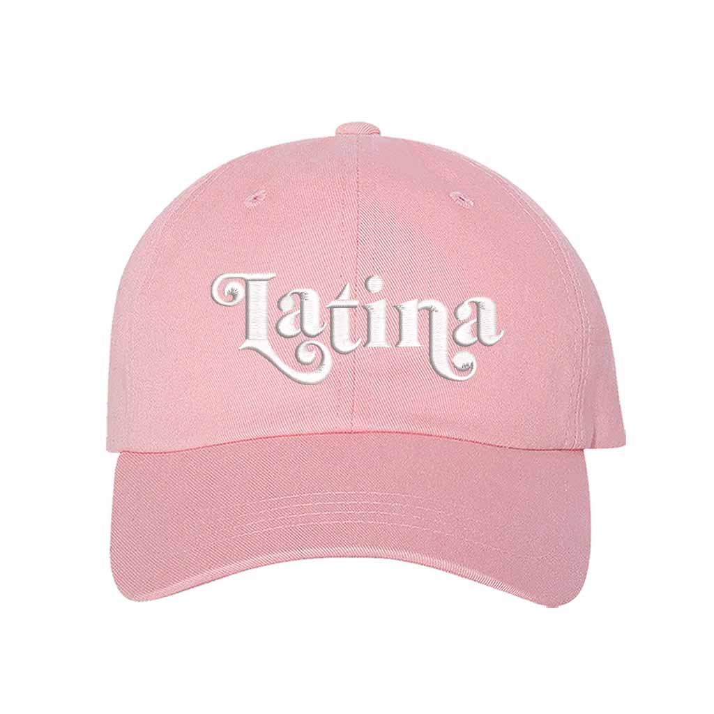 Light Pink Latina Retro Embroidered Baseball Hat featuring classic “LATINA” embroidery with adjustable hook and loop closure and breathable cotton fabric – DSY Lifestyle