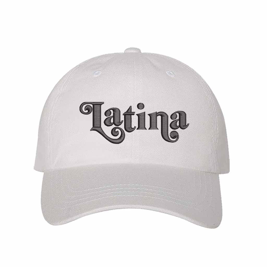 White with black thread Latina Retro Embroidered Baseball Hat featuring classic “LATINA” embroidery with adjustable hook and loop closure and breathable cotton fabric – DSY Lifestyle