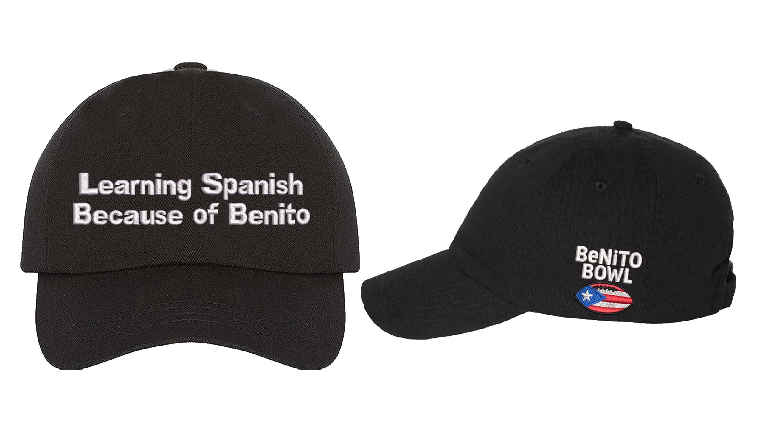Black front and sideview with Benito Bowl emblem Learning Spanish Because of Benito Super Bowl Embroidered Baseball Hat with premium embroidery and adjustable hook and loop closure – DSY Lifestyle