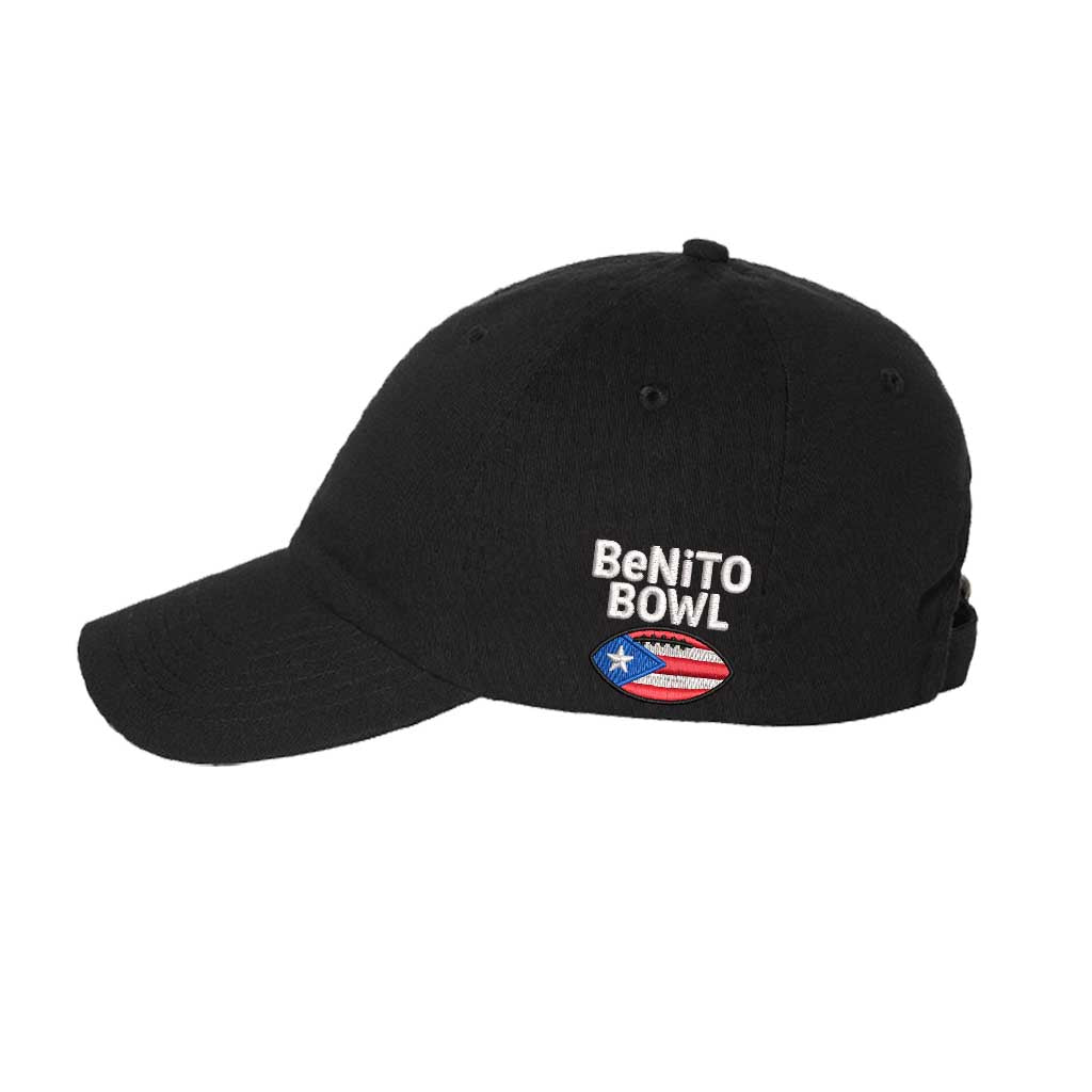 Black sideview with Benito Bowl emlbem Learning Spanish Because of Benito Super Bowl Embroidered Baseball Hat with premium embroidery and adjustable hook and loop closure – DSY Lifestyle