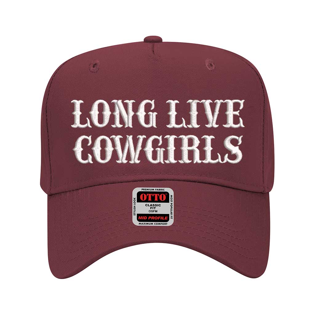 5 panel Burgundy baseball hat embroidered with the phrase Long Live Cowgirls -DSY Lifestyle