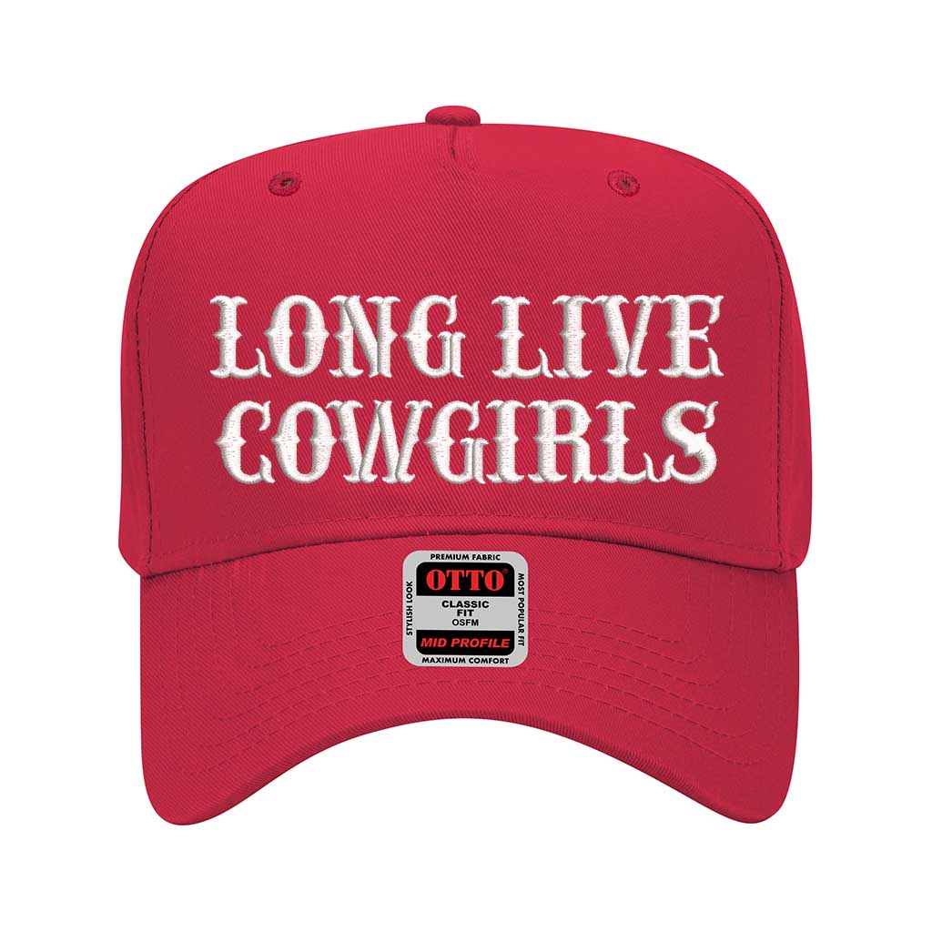 5 panel Red baseball hat embroidered with the phrase Long Live Cowgirls -DSY Lifestyle