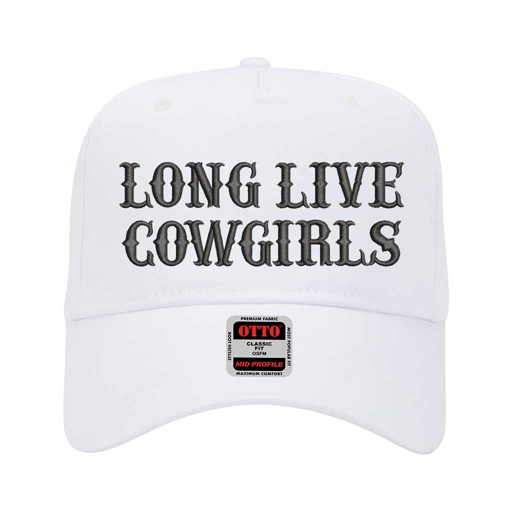5 panel White baseball hat embroidered with the phrase Long Live Cowgirls -DSY Lifestyle