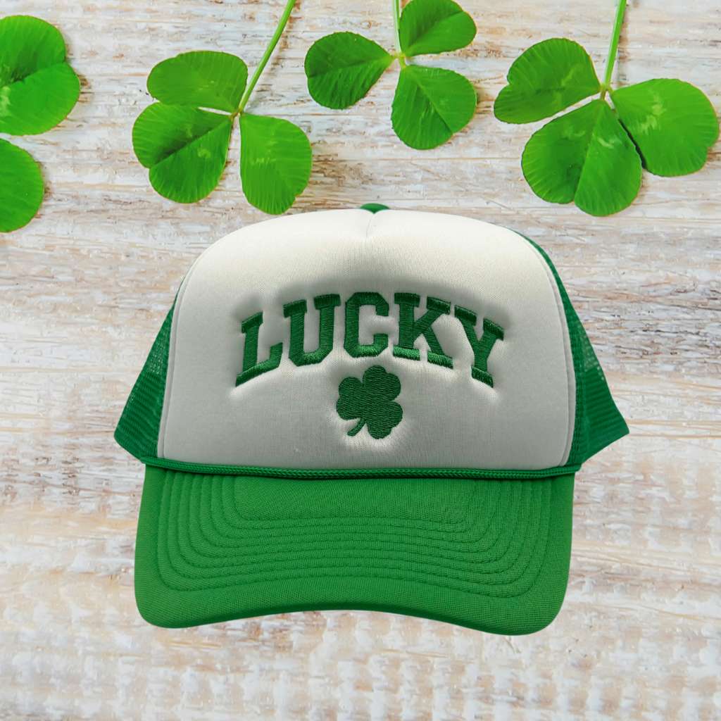 White and Green foam trucker hat embroidered with Lucky in green and a four leaf clover - DSY Lifestyle