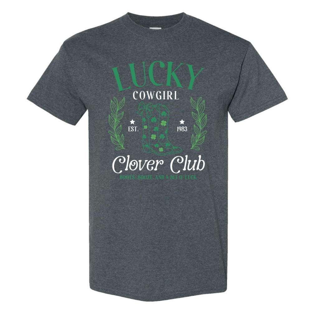 Woman wearing a dark gray color unisex shirt with Lucky Cowgirl with boots clover club for St Patricks Day - DSY Lifestyle