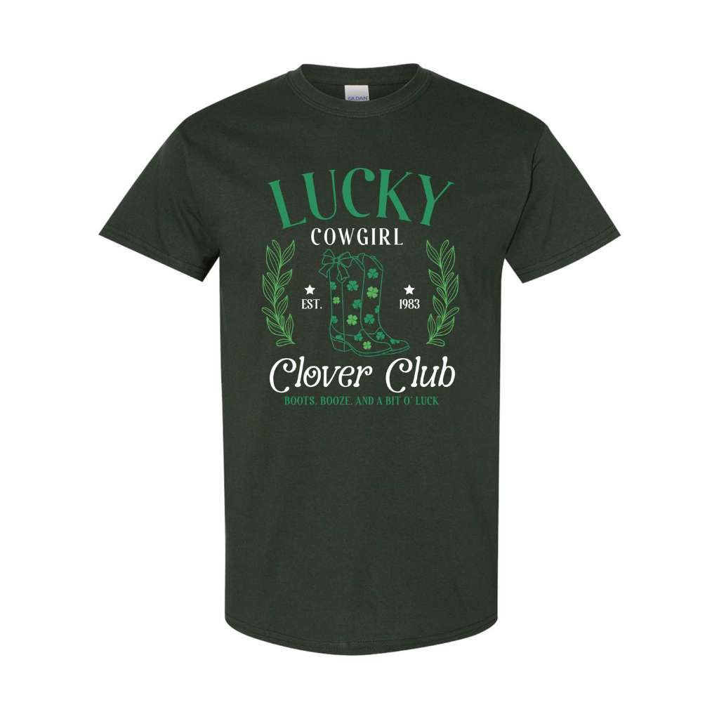 Woman wearing a Forest Green color unisex shirt with Lucky Cowgirl with boots clover club for St Patricks Day - DSY Lifestyle