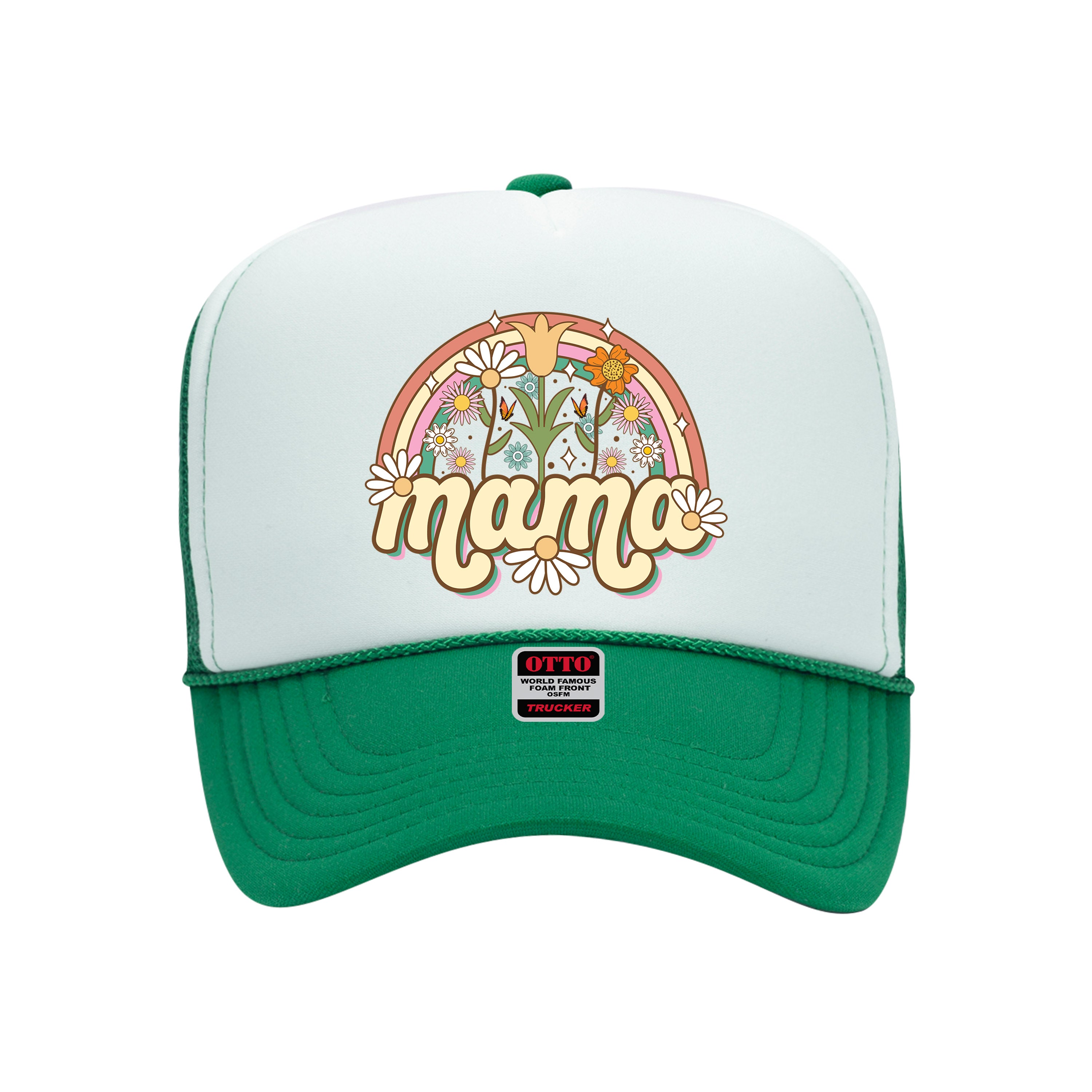 Kelly Green foam trucker hat with white front panel printed with mama spring on it-DSY Lifestyle