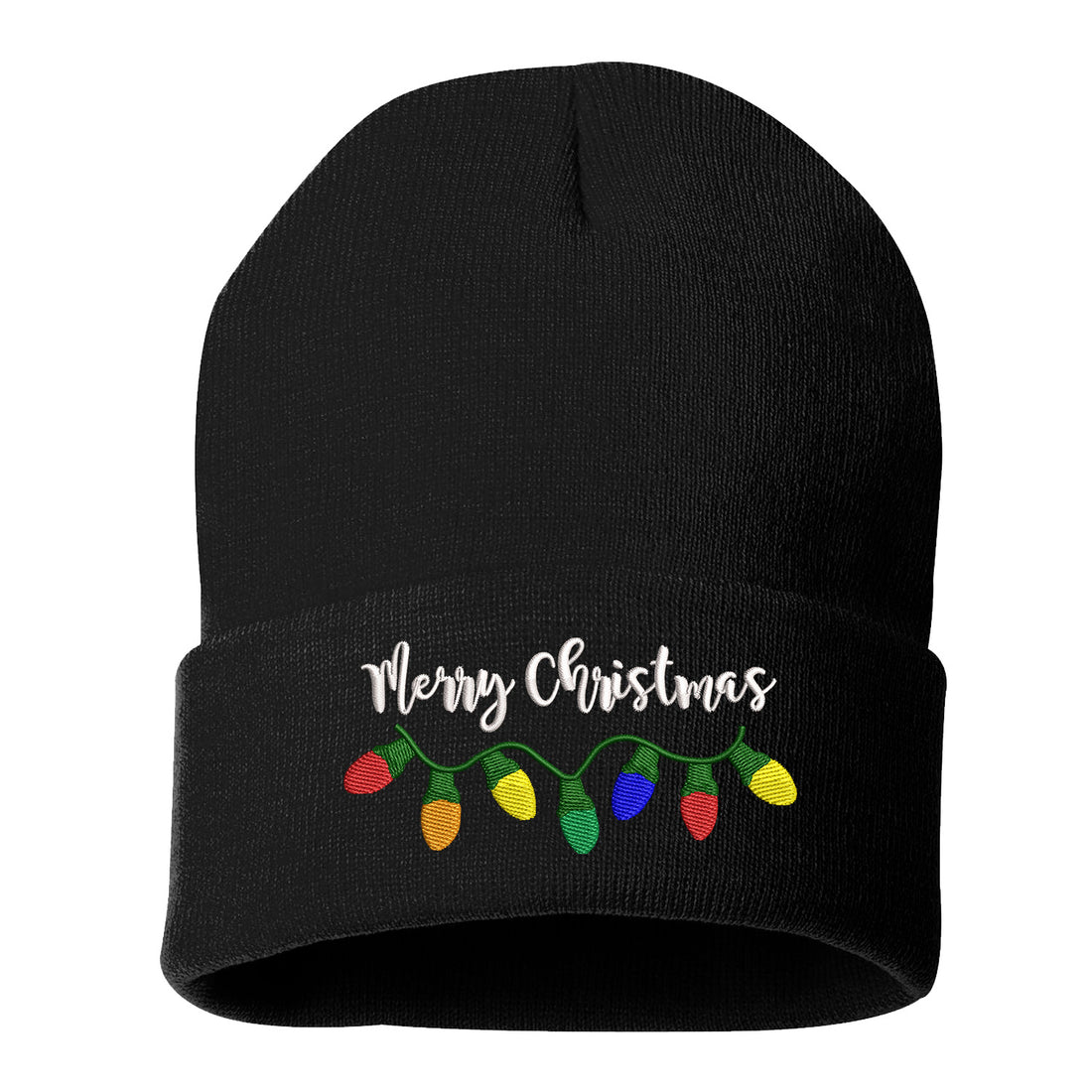 Black Merry Christmas Lights Embroidered Beanie Cap featuring festive holiday lights embroidery and soft knit material – DSY Lifestyle