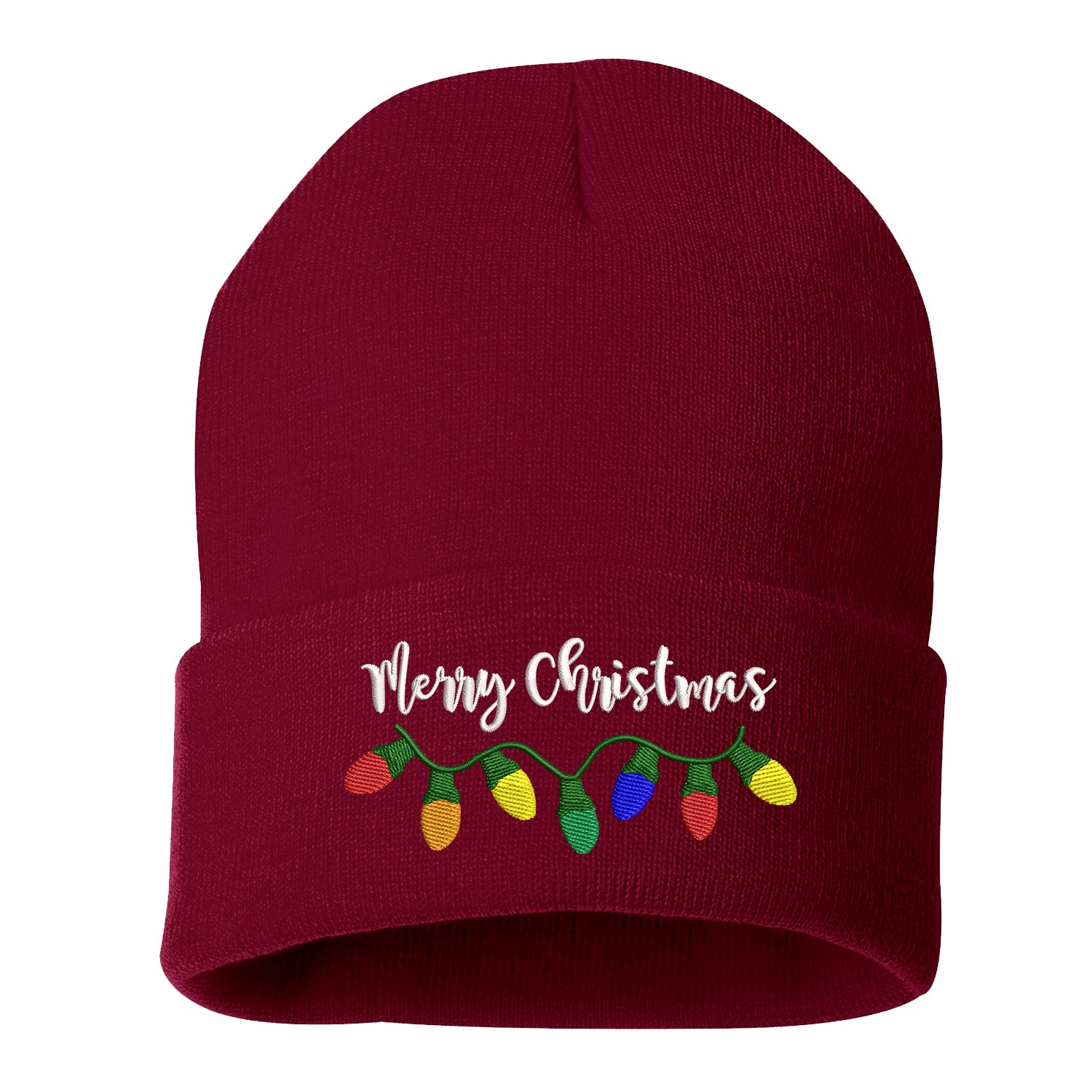 Burgundy Merry Christmas Lights Embroidered Beanie Cap featuring festive holiday lights embroidery and soft knit material – DSY Lifestyle