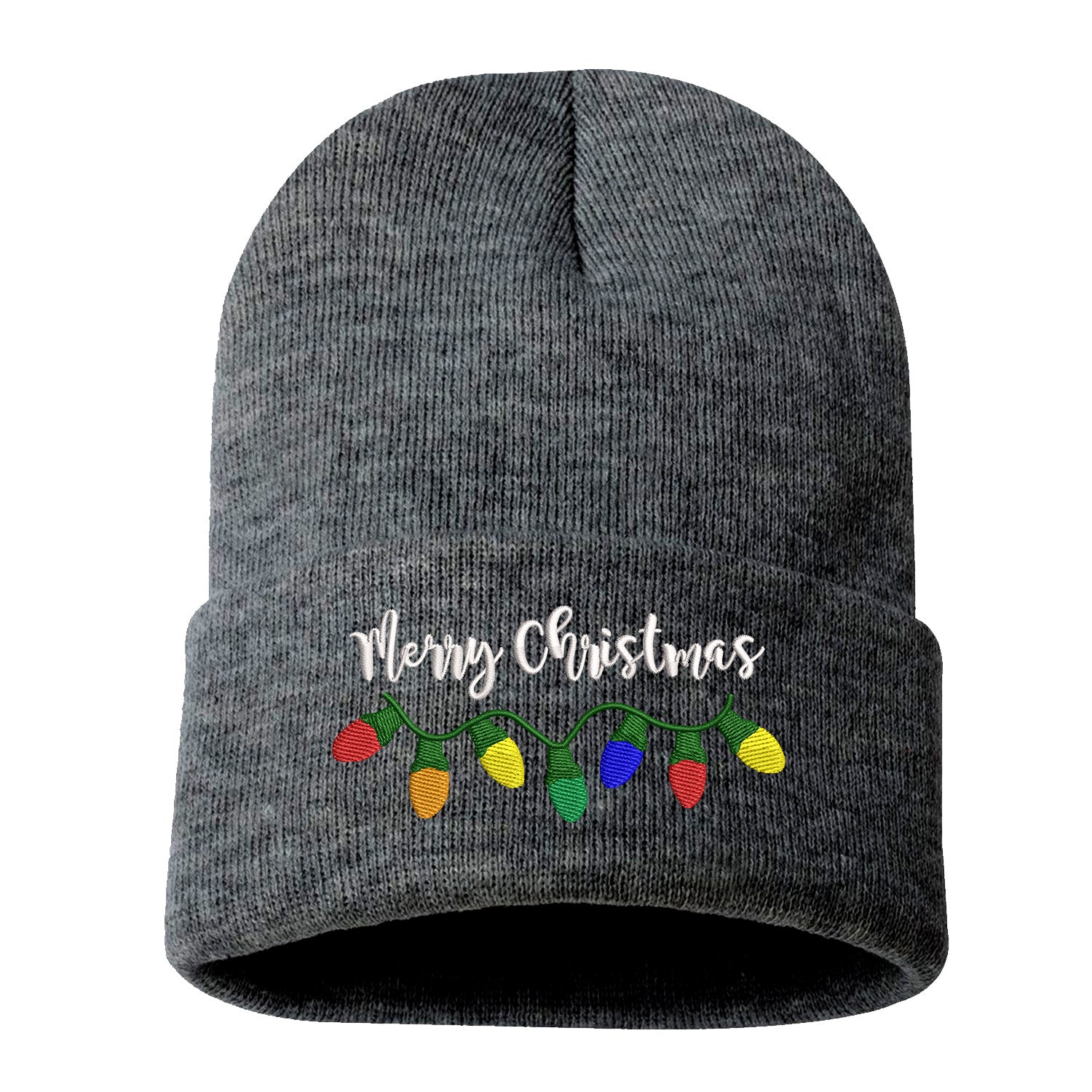 Charcoal Gray Merry Christmas Lights Embroidered Beanie Cap featuring festive holiday lights embroidery and soft knit material – DSY Lifestyle