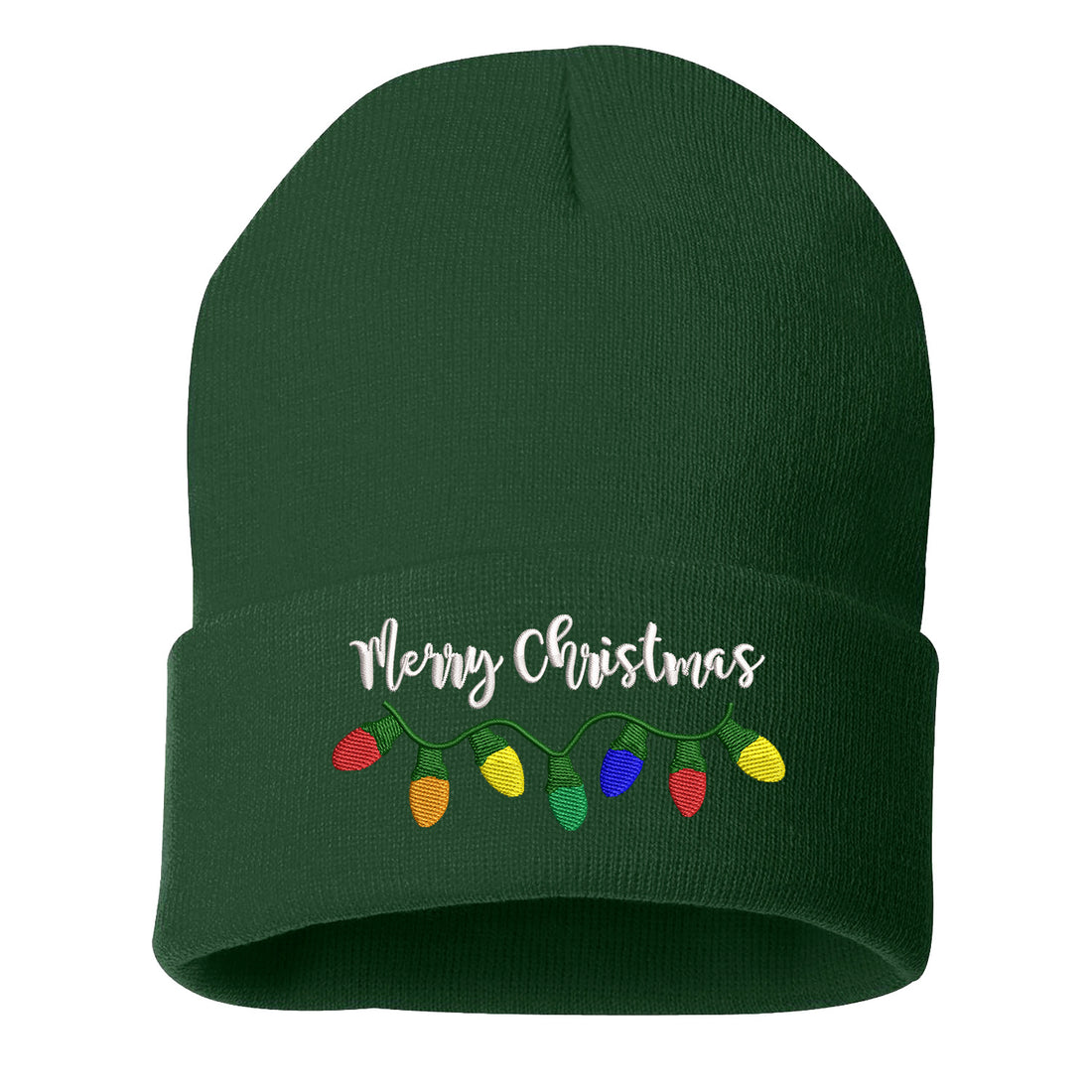Forest Green Merry Christmas Lights Embroidered Beanie Cap featuring festive holiday lights embroidery and soft knit material – DSY Lifestyle