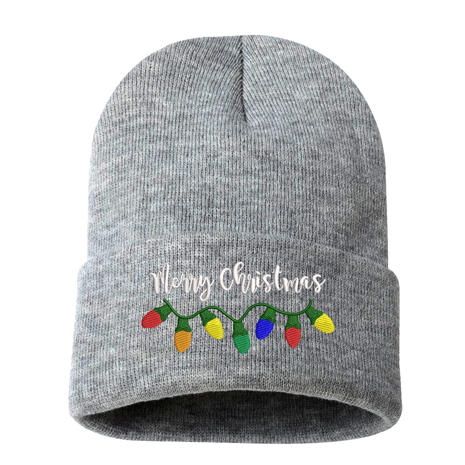 Heather Gray Merry Christmas Lights Embroidered Beanie Cap featuring festive holiday lights embroidery and soft knit material – DSY Lifestyle