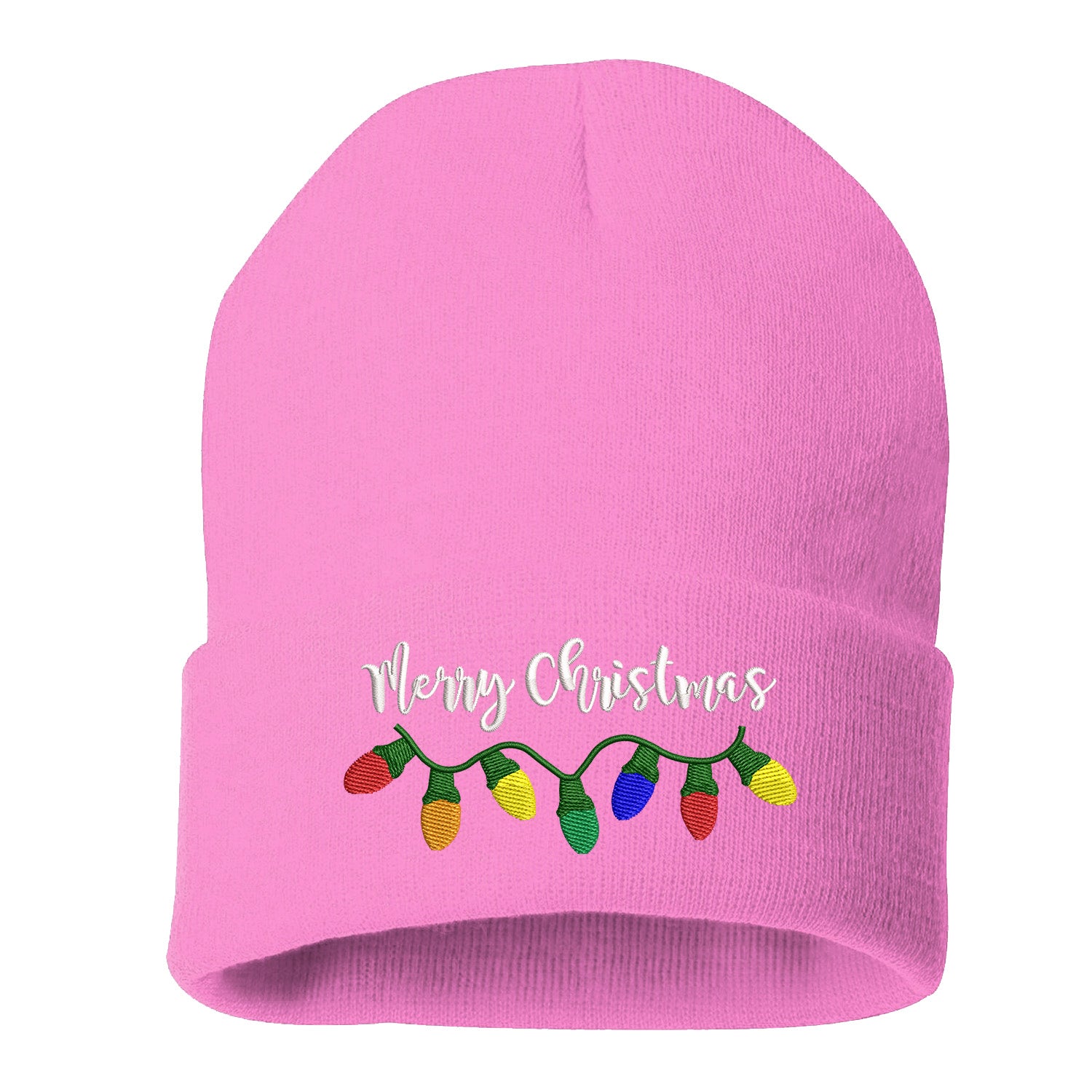 Light Pink Merry Christmas Lights Embroidered Beanie Cap featuring festive holiday lights embroidery and soft knit material – DSY Lifestyle