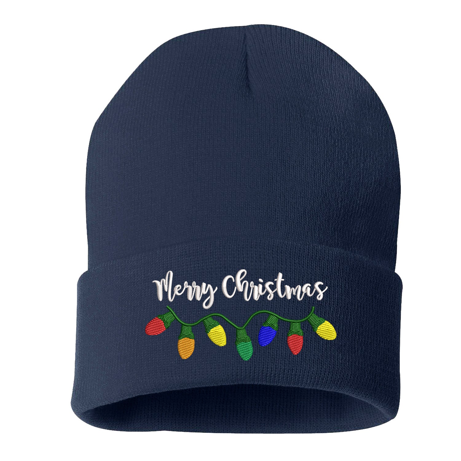 Navy Blue Merry Christmas Lights Embroidered Beanie Cap featuring festive holiday lights embroidery and soft knit material – DSY Lifestyle