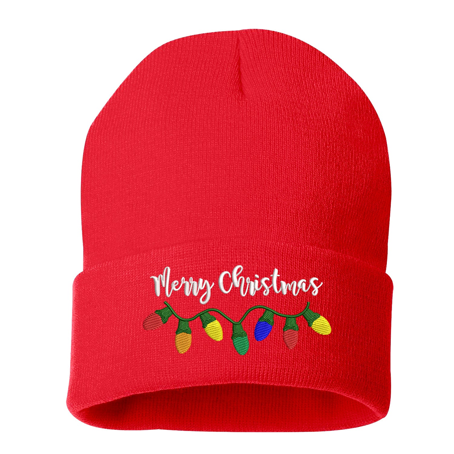 Red Merry Christmas Lights Embroidered Beanie Cap featuring festive holiday lights embroidery and soft knit material – DSY Lifestyle
