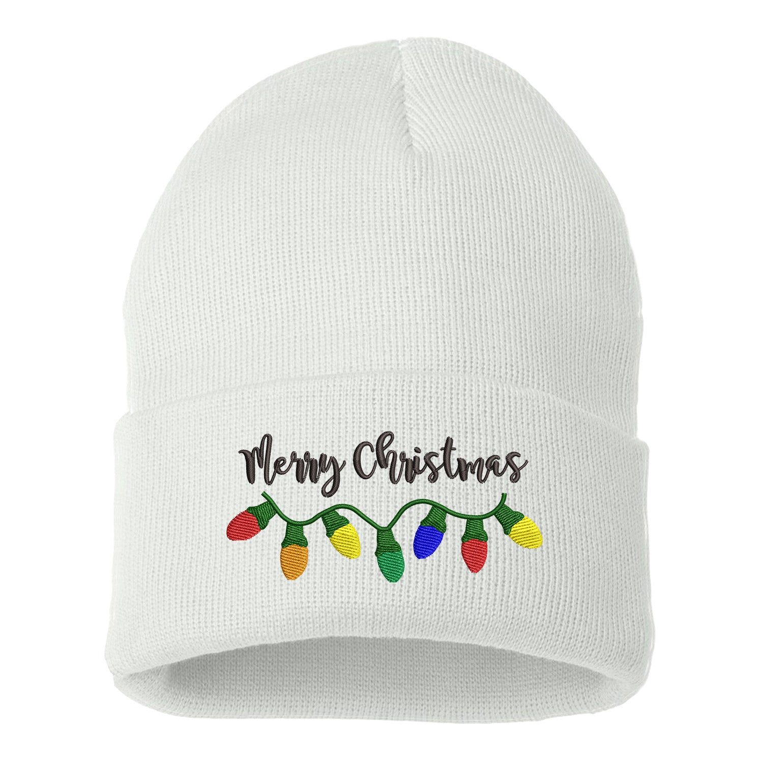 White Merry Christmas Lights Embroidered Beanie Cap featuring festive holiday lights embroidery and soft knit material – DSY Lifestyle