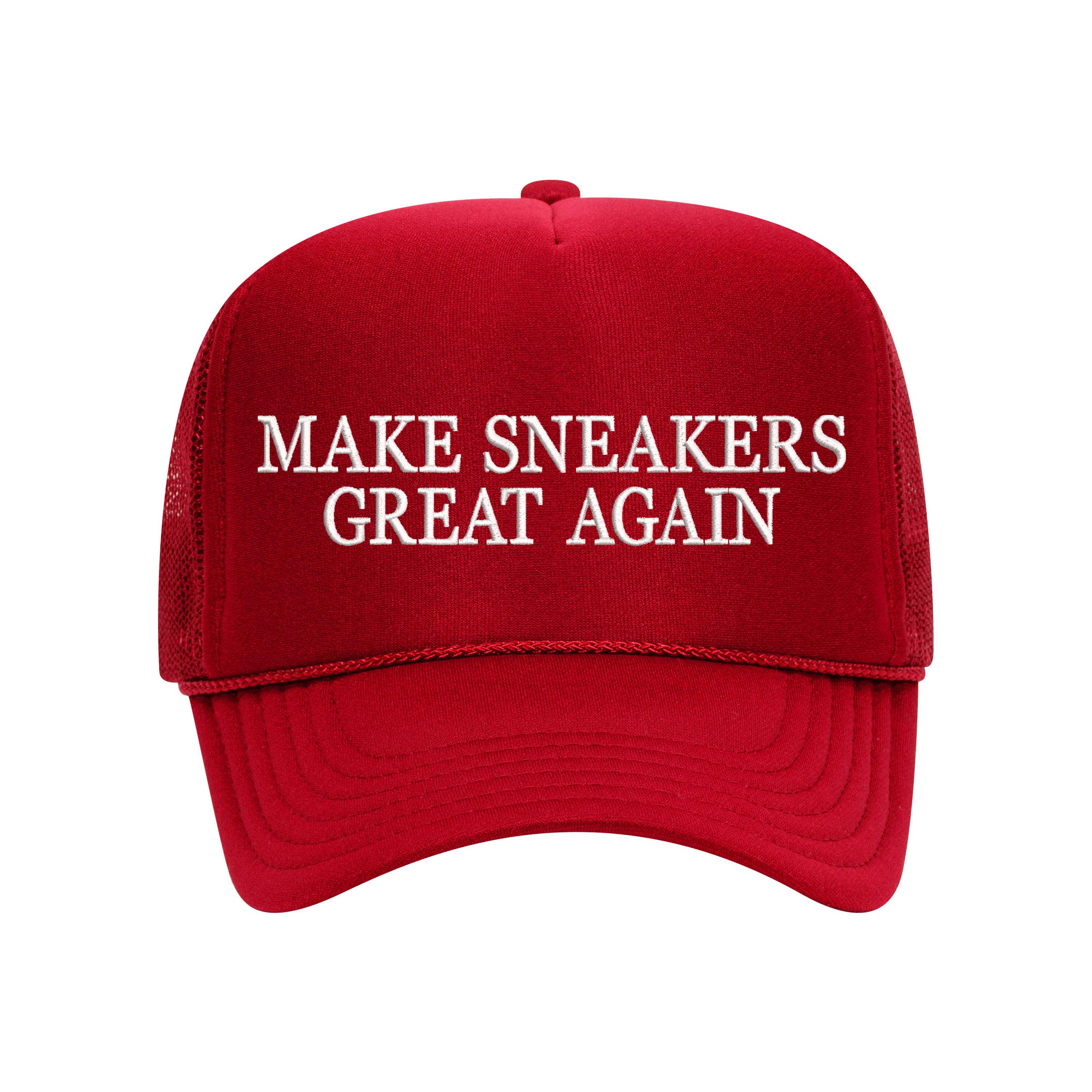 Red trucker hat embroidered with the phrase make sneakers great again-DSY Lifestyle